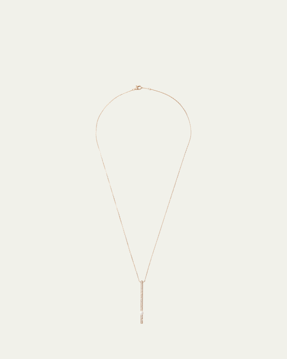 14K Yellow Gold Vertical Diamond Bar Necklace with Freshwater Pearl, 20"L